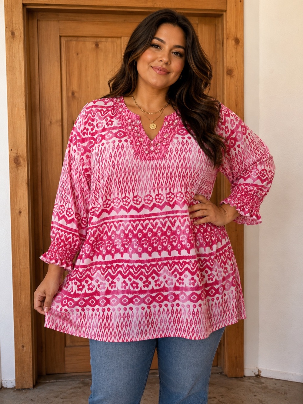 Multiples Pink and White Printed Tunic Top